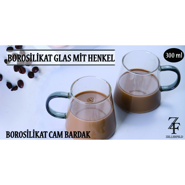 2er Set Borosilikat Glas mit Henkel 300 ml Cam Bardagi für Kaffee & Tee transparent