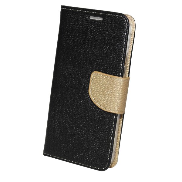 Buch Tasche "Fancy" kompatibel mit iPhone 14 Handy Hülle Etui Brieftasche Schutzhülle mit Standfunktion, Kartenfach Schwarz-Gold