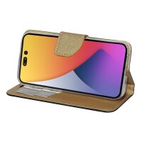 Buch Tasche "Fancy" kompatibel mit iPhone 14 Handy Hülle Etui Brieftasche Schutzhülle mit Standfunktion, Kartenfach Schwarz-Gold