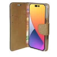 Buch Tasche "Fancy" kompatibel mit iPhone 14 Handy Hülle Etui Brieftasche Schutzhülle mit Standfunktion, Kartenfach Schwarz-Gold