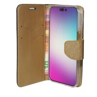 Buch Tasche "Fancy" kompatibel mit iPhone 14 Pro Max Handy Hülle Etui Brieftasche Schutzhülle mit Standfunktion, Kartenfach Schwarz-Gold