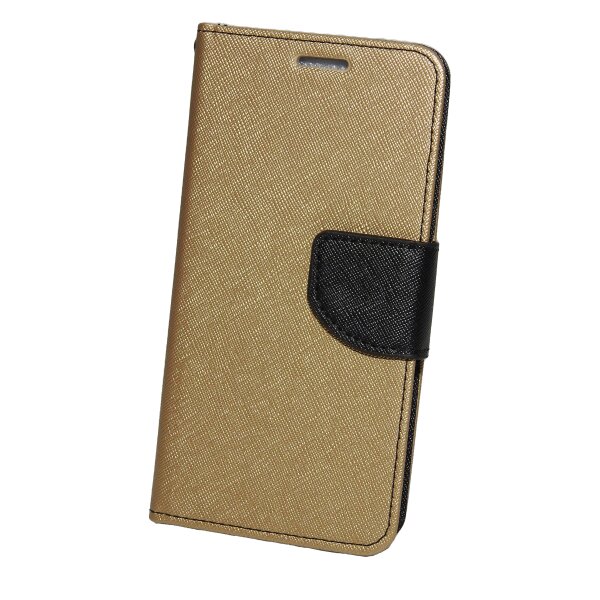 Buch Tasche "Fancy" kompatibel mit iPhone 14 Handy Hülle Etui Brieftasche Schutzhülle mit Standfunktion, Kartenfach Gold-Schwarz