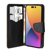 Buch Tasche "Fancy" kompatibel mit iPhone 14 Handy Hülle Etui Brieftasche Schutzhülle mit Standfunktion, Kartenfach Gold-Schwarz