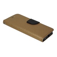 Buch Tasche "Fancy" kompatibel mit iPhone 14 Handy Hülle Etui Brieftasche Schutzhülle mit Standfunktion, Kartenfach Gold-Schwarz