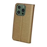 Buch Tasche "Fancy" kompatibel mit iPhone 14 Pro Handy Hülle Etui Brieftasche Schutzhülle mit Standfunktion, Kartenfach Gold-Schwarz