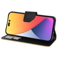 Buch Tasche "Fancy" kompatibel mit iPhone 14 Pro Handy Hülle Etui Brieftasche Schutzhülle mit Standfunktion, Kartenfach Gold-Schwarz