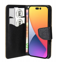 Buch Tasche "Fancy" kompatibel mit iPhone 14 Pro Handy Hülle Etui Brieftasche Schutzhülle mit Standfunktion, Kartenfach Gold-Schwarz