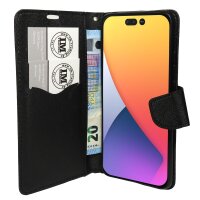 Buch Tasche "Fancy" kompatibel mit iPhone 14 Pro Handy Hülle Etui Brieftasche Schutzhülle mit Standfunktion, Kartenfach Schwarz