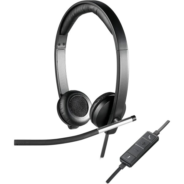 Logitech H650e Kopfhörer mit Mikrofon, Stereo-Headset, Rauschunterdrückung, Lautstärkeregelung und Stummschaltung am Kabel, LED-Anzeige, USB-Anschluss, PC/Mac/Laptop - Schwarz