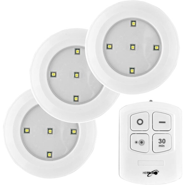 HEITECH LED Lichter mit Fernbedienung 3er Pack - Wandleuchte batteriebetrieben & dimmbar mit Timer für Innenbereich - Batterie Nachtlicht kabellos für Küche, Bad, Garage, Schrank, Vitrine