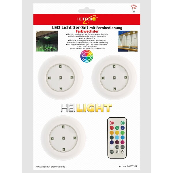 HEITECH LED Lichter mit RGB 3er Pack - Wandleuchte batteriebetrieben mit Fernbedienung für Innenbereich - Batterie Nachtlicht kabellos für Küche, Garage, Schrank, Vitrine - Flexible Unterbauleuchte