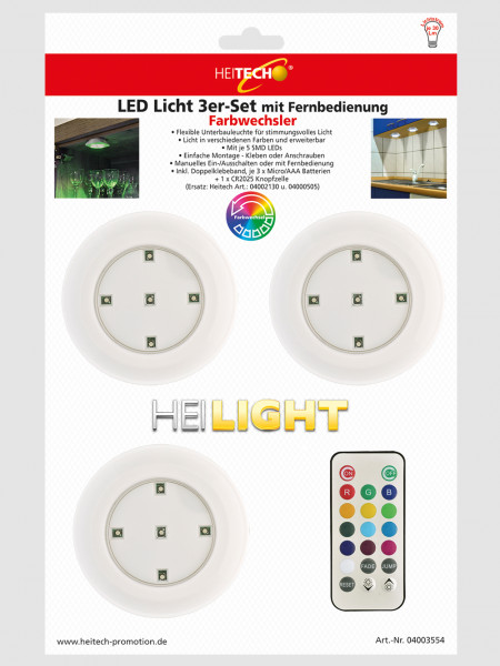 HEITECH LED Lichter mit RGB 3er Pack - Wandleuchte batteriebetrieben mit Fernbedienung für Innenbereich - Batterie Nachtlicht kabellos für Küche, Garage, Schrank, Vitrine - Flexible Unterbauleuchte