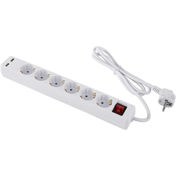 Heitech 6-Wege-Steckdosenleiste mit 2 USB-Anschlüssen geprüfte Mehrfachsteckdose mit Schalter, Kindersicherung, 1,4 Meter Kabel, 3680 W - Steckdosenleiste Multistecker-Tischbuchse