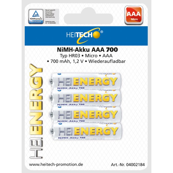 HEITECH 4er Pack NIMH-Akku, Micro/AAA / HR03 700 mAh Wiederaufladbare Batterie mit geringer Selbstentladung - Akku für Geräte mit hohem Stromverbrauch