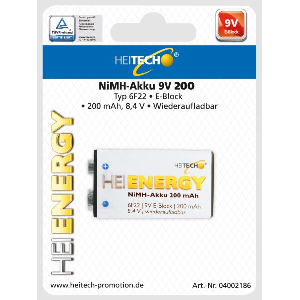 HEITECH NIMH-Akku 9Volt Block/E / 6F22, 200 mAh 1 Stück - Wiederaufladbare Batterie mit geringer Selbstentladung - Akku für Geräte mit hohem Stromverbrauch