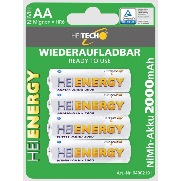 HEITECH vorgeladener 4er Pack NIMH-Akku Mignon/AA / HR06 2000 mAh 1,2V - Wiederaufladbare Batterien mit geringer Selbstentladung - Akkus für Geräte mit hohem Stromverbrauch