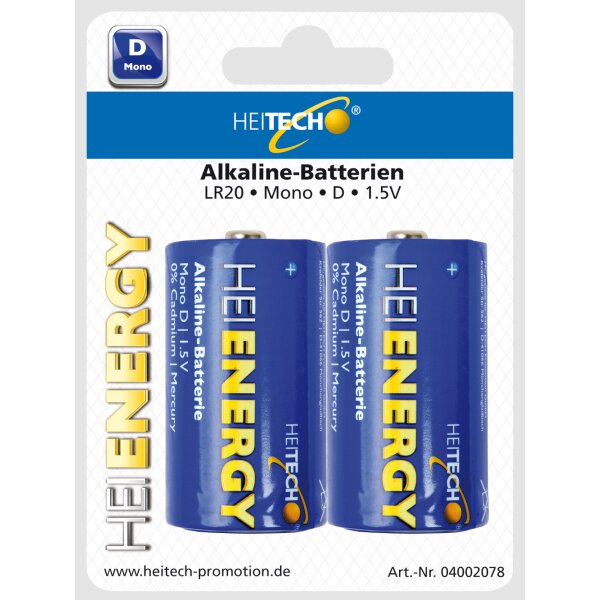 Heitech Alkaline Batterien Mono D, LR20 - 1,5 Volt, (2-er Pack) Batterie