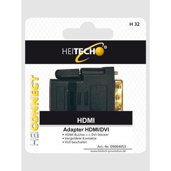 HEITECH DVI - HDMI - Adapter, DVI-Stecker<>HDMI-Buchse, vergoldete Kontakte, voll beschaltet