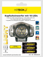 HEITECH LED Kopfscheinwerfer mit 10 LEDs - Ultra helles LED-Licht, verstellbar, wasserabweisend, inkl. 3 Micro-Batterien, silber/schwarz