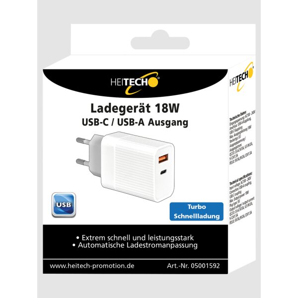 Heitech 3A 18W USB-Wandladegerät + USB Typ C PD PQ-18W weiß