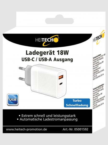 Heitech 3A 18W USB-Wandladegerät + USB Typ C PD PQ-18W weiß
