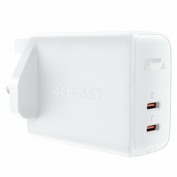 Acefast GaN Ladegerät (UK Stecker) 2x USB Typ C 50W, Power Delivery, PPS, Q3 3.0, AFC, FCP Weiß (A32 UK)