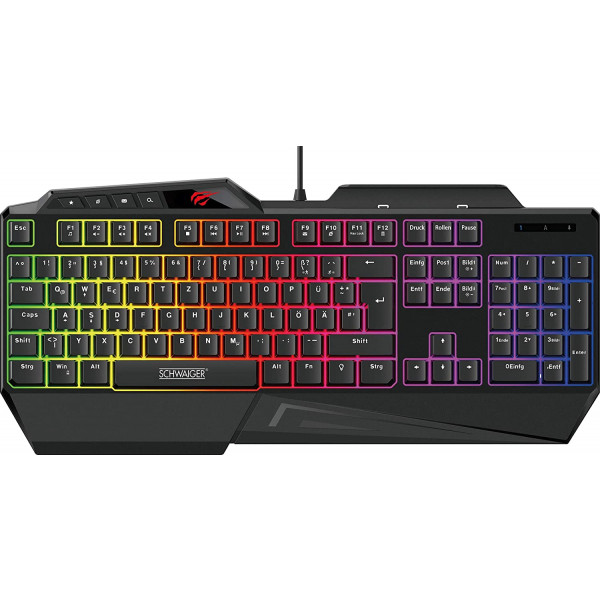 SCHWAIGER -GT108- Gaming Tastatur | RGB Beleuchtung | 19 Anti-Ghosting-Tasten | integrierte Smartphonehalterung | Handballenablage| Multi-Media Bedienelement