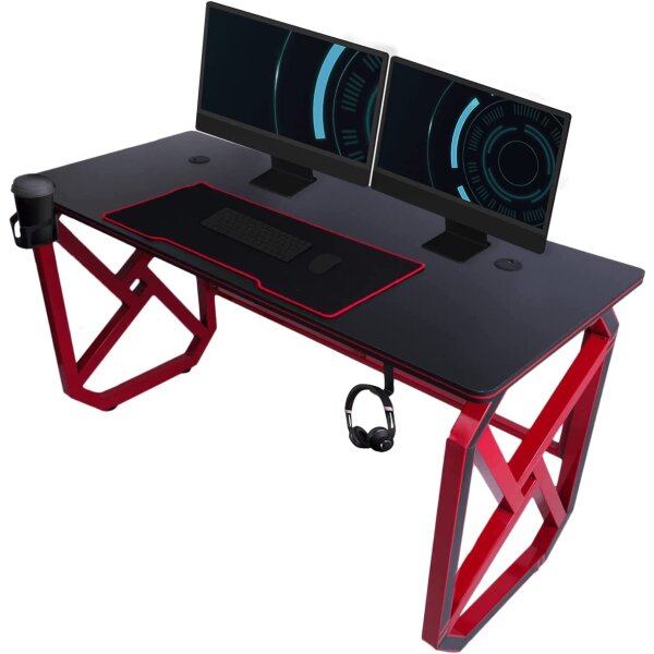 GameShark Black Frag 140x75x70cm Gaming Desk Tischplatte Ergonomisch Schreibtisch Kopfhörerhalter schwarz-rot