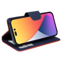 Buch Tasche "Fancy" kompatibel mit iPhone 14 Pro Handy Hülle Schutzhülle mit Standfunktion, Kartenfach Rot-Blau