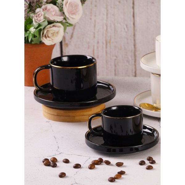Zellerfeld 12-Teilig Kaffeeservice Mokkaservice mit Untertasse Kaffeetasse Tasse schwarz