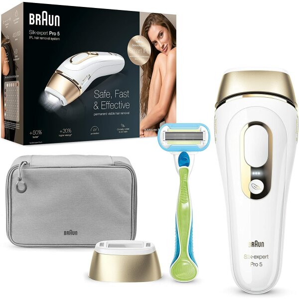 Braun IPL Silk Expert Pro 5 Haarentfernungsgerät, für dauerhaft sichtbare Haarentfernung, Venus Rasierer & Tasche, Alternative zur Laser Haarentfernung, Geschenk für Frauen, PL5014, weiß/gold